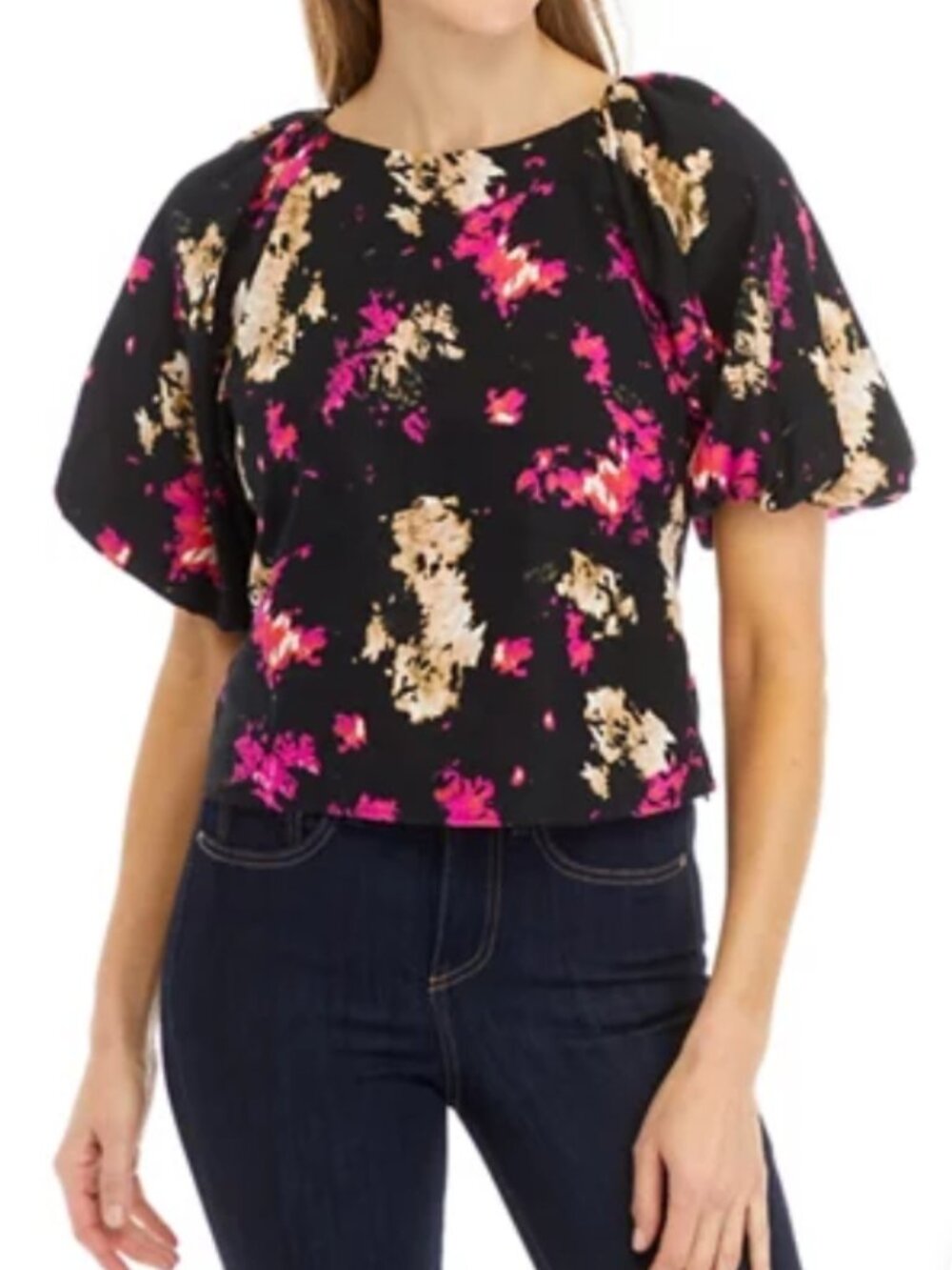 DKNY Puff Sleeve Floral Linen Top